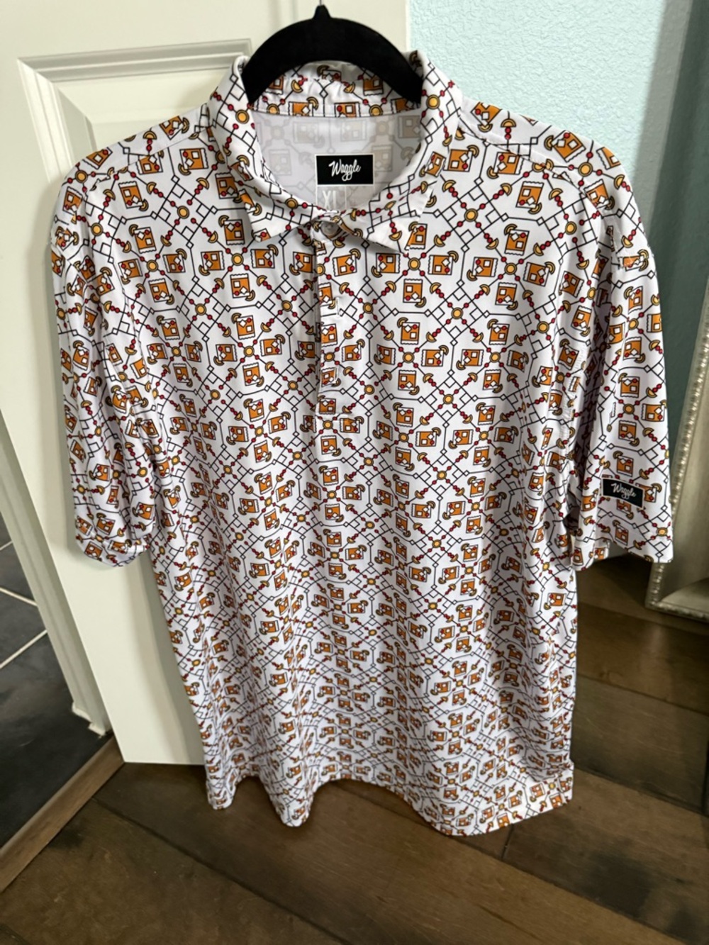 Waggle White Polo with Brown Geometric Print